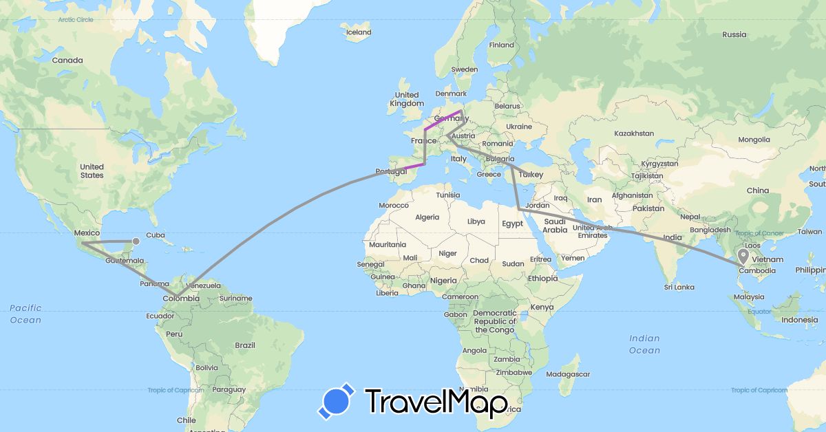 TravelMap itinerary: driving, plane, train in United Arab Emirates, Colombia, Czech Republic, Germany, Egypt, Spain, France, Italy, Mexico, Thailand, Turkey (Africa, Asia, Europe, North America, South America)